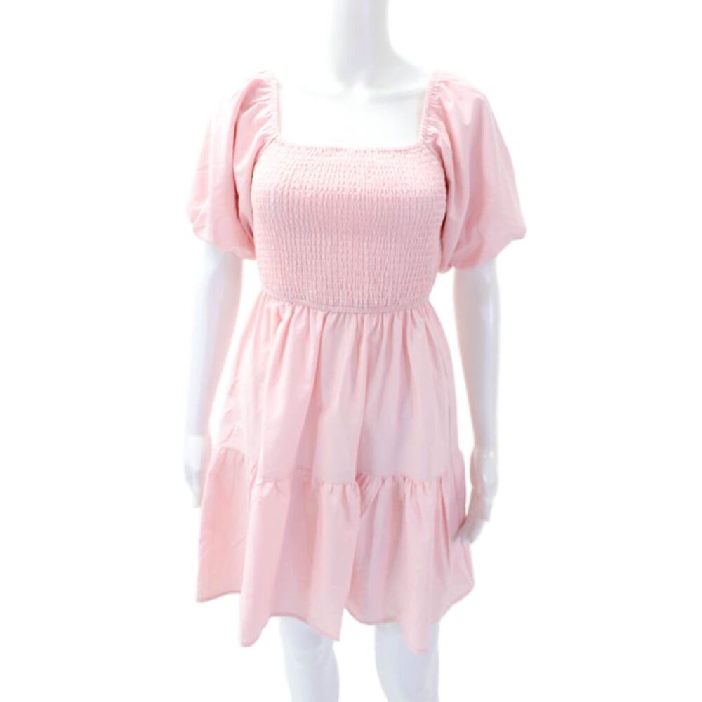 Designer Womens Short Sleeve Smocked Pullover Knee Length Dress Pink Size XS